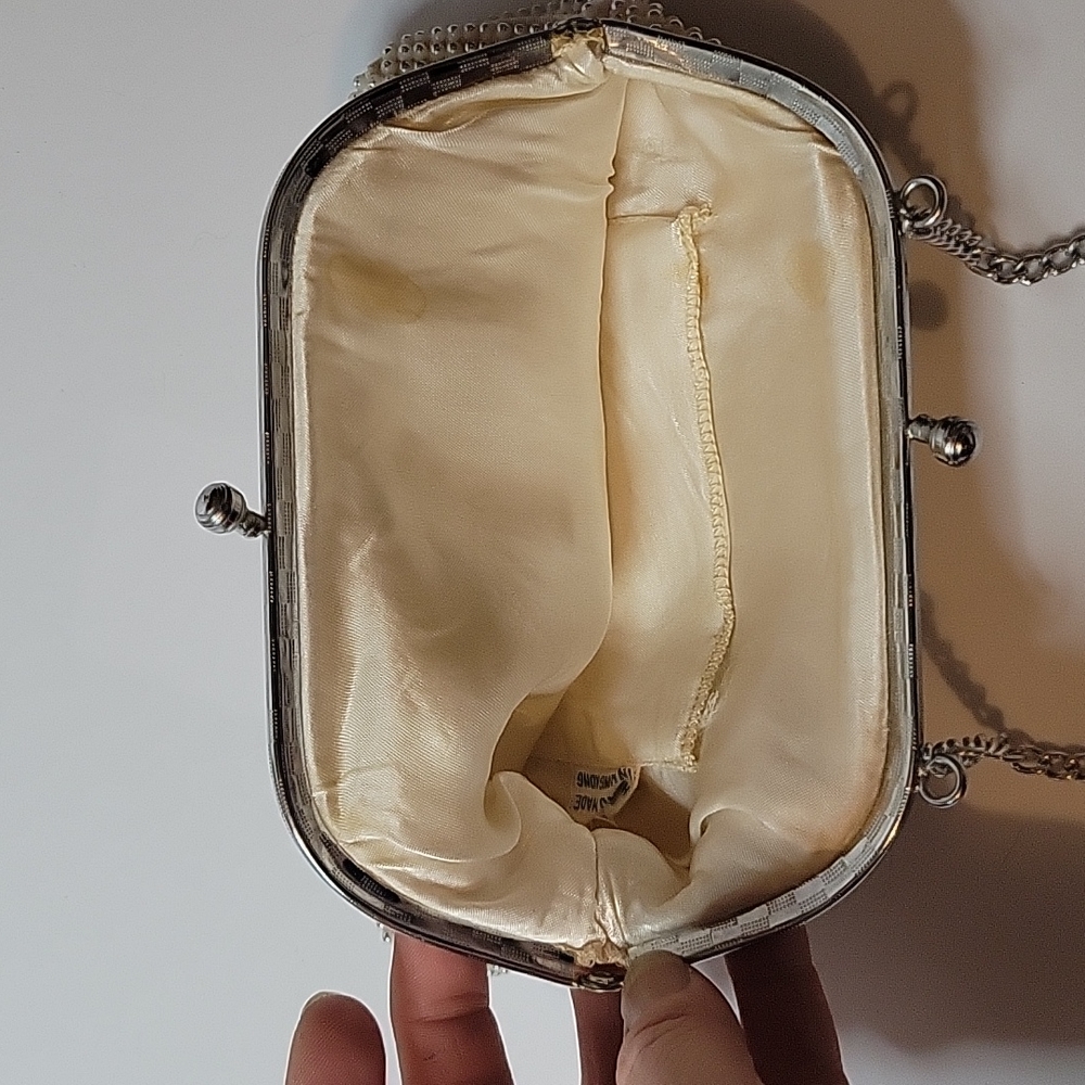 Vintage Cream Clutch with Silver Beads and Wristlet - Picture 7 of 10